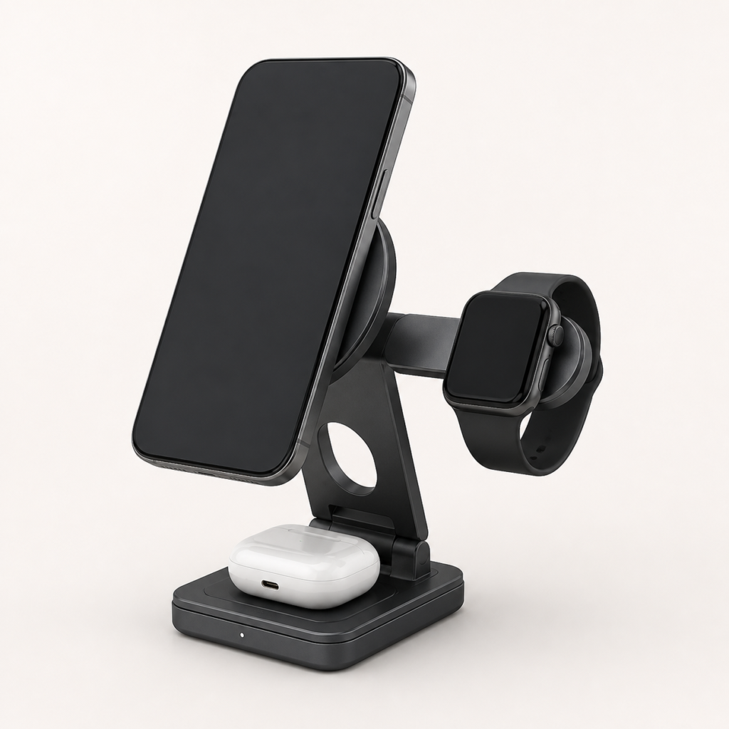 Graphite 3-in-1 magnetic charging dock holding a phone, watch, and earbud case