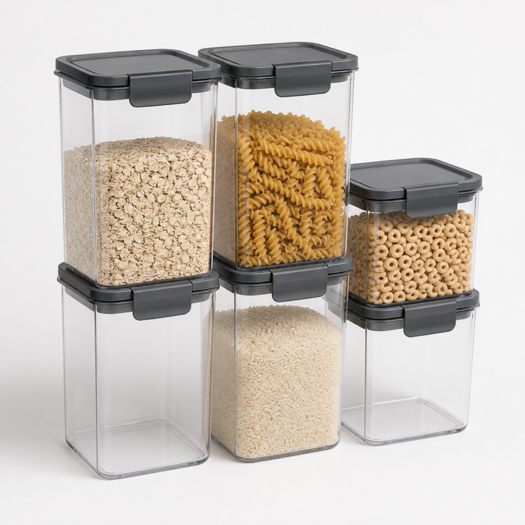 Six clear stackable pantry containers with charcoal locking lids